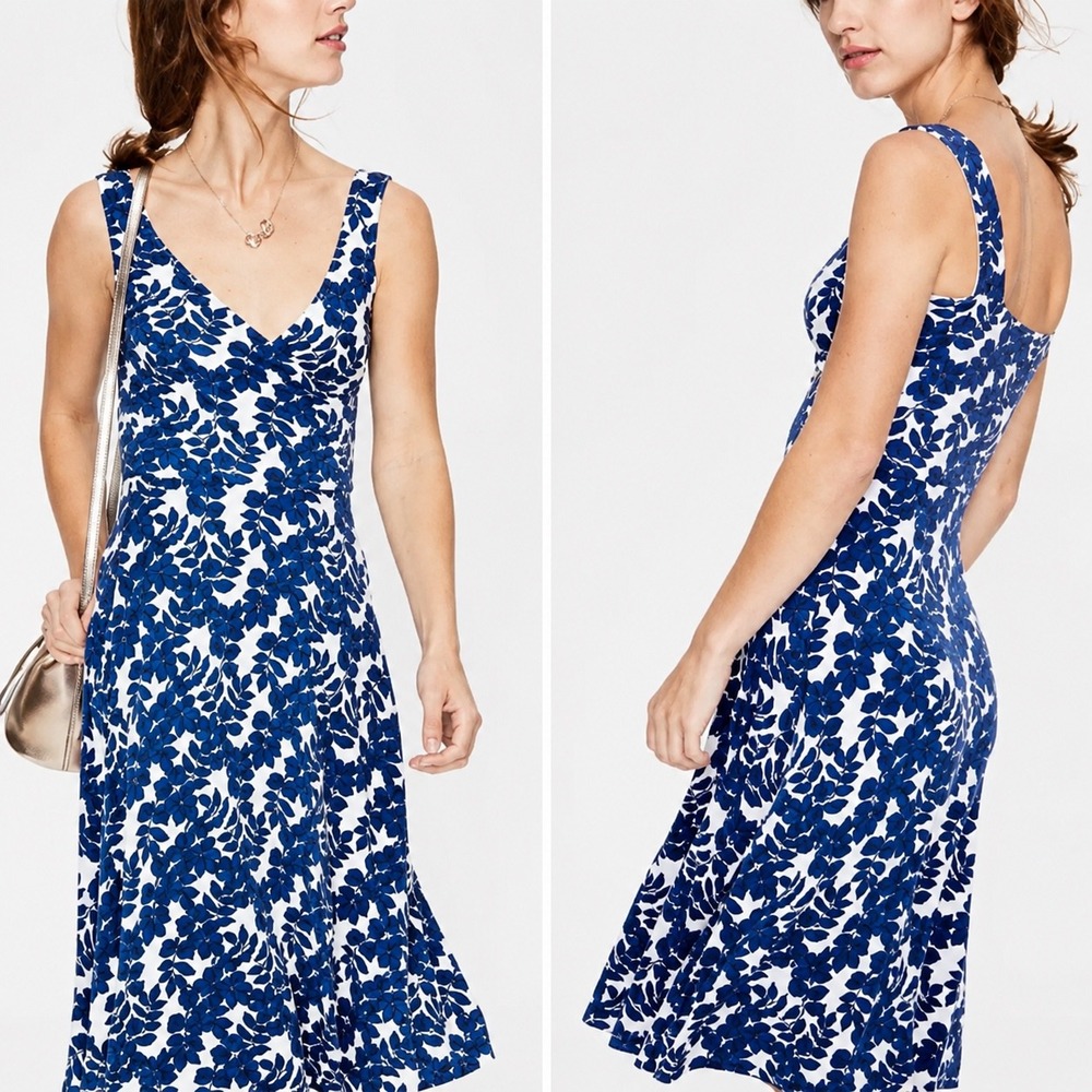 Boden Blue‎ White Leaf Print Surplice V-Neck Midi Dress Womens US 4R UK 8R